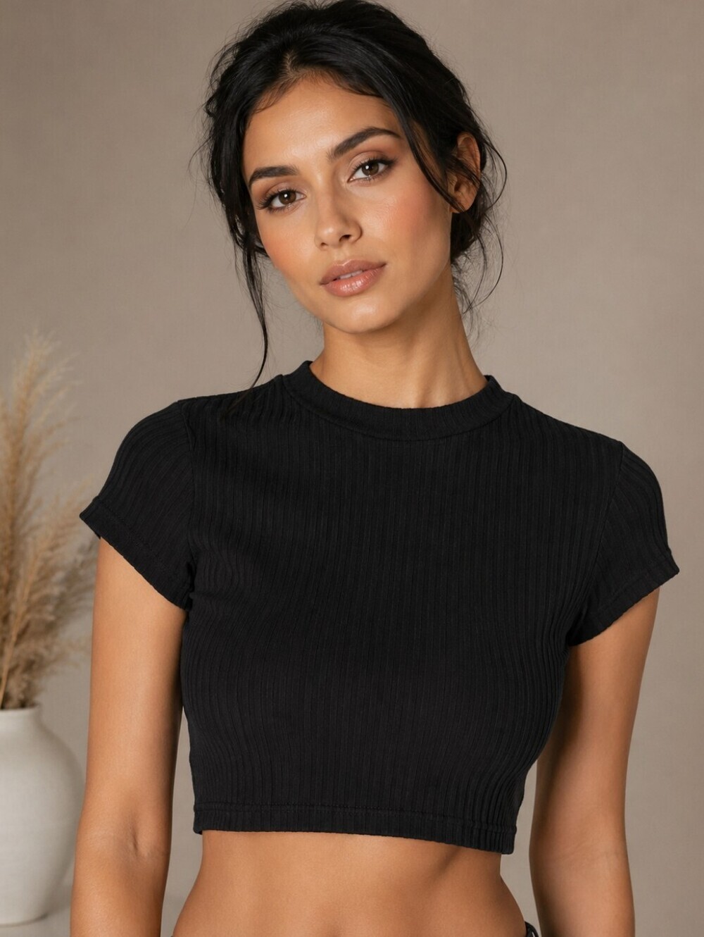 Black Ribbed Knit Puff Sleeve Crop Top - Women's Size 6 - Casual Tee